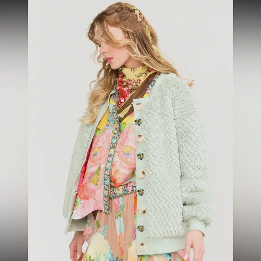 ARATTA Nellie Boho Luxe Mint Fur Jacket Satin Lined Crystal Buttons Boutique - Picture 9 of 16